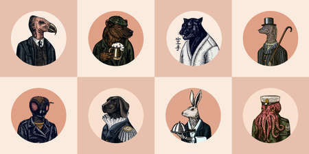 Grizzly Bear with a beer mug. Octopus sailor and Hare or Rabbit waiter. Dog officer and bird. Black panther and Bee biker. Japanese text means: karate. Fashion animal character. Hand drawn sketch.のイラスト素材