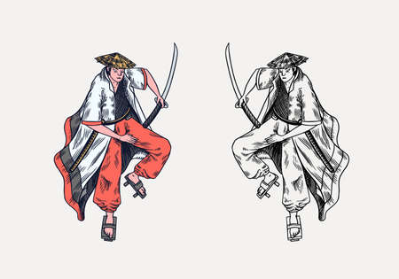 Japanese samurai. Warriors with weapons sketch. Men in a fight pose. Hand drawn vintage sketches. Vector illustration in monochrome style.のイラスト素材