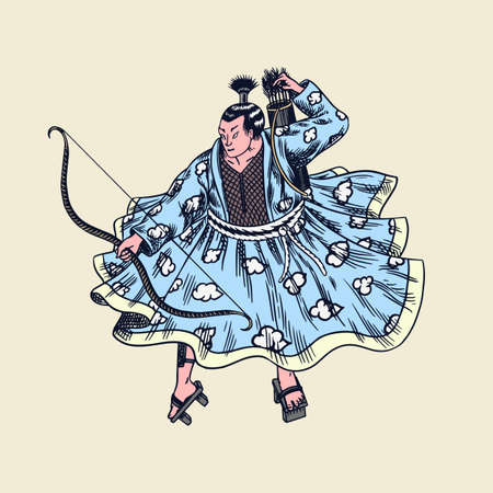 Japanese samurai. Warriors with weapons sketch. Men in a fight pose. Hand drawn vintage sketches. Vector illustration in monochrome style.のイラスト素材