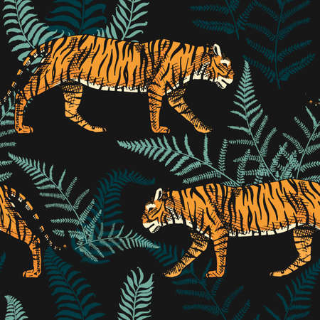 Japanese tigers with tropical leaves. Wild animal with green plants. Banner or poster for...