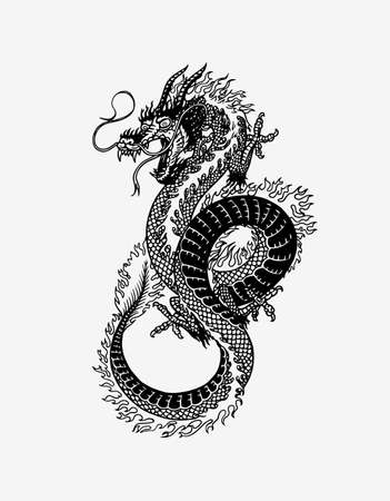 Japanese dragon. Mythological animal or Asian traditional reptile. Symbol for tattoo or label. Engraved hand drawn line art Vintage old monochrome sketch, ink. Vector illustration.のイラスト素材