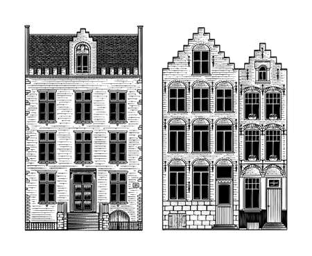 Amsterdam houses. Urban residential buildings. Scandinavian style. European city. Hand drawn monochrome doodle vector illustrationのイラスト素材