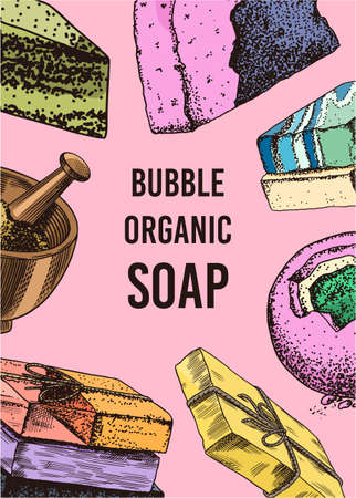 Bubble Bath soap poster or banner. Washing hands in vintage style. Homemade packaging. Organic cosmetic, natural lather. Drawn a monochrome engraved sketch for spa label or backgroundのイラスト素材