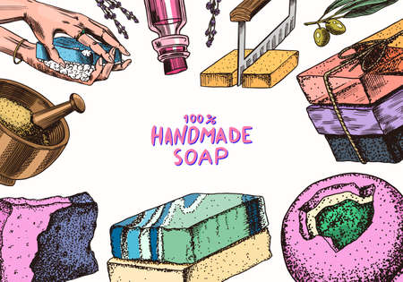 Bubble Bath soap set. Washing hands in vintage style. Homemade packaging. Foam production process. Organic cosmetic, natural lather. Drawn a monochrome engraved sketch for spa label or banner.のイラスト素材