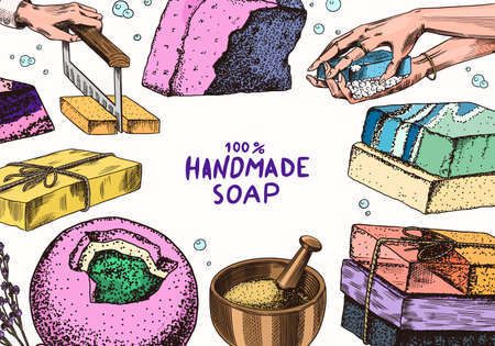 Bubble Bath soap set. Washing hands in vintage style. Homemade packaging. Foam production process. Organic cosmetic, natural lather. Drawn a monochrome engraved sketch for spa label or banner.のイラスト素材