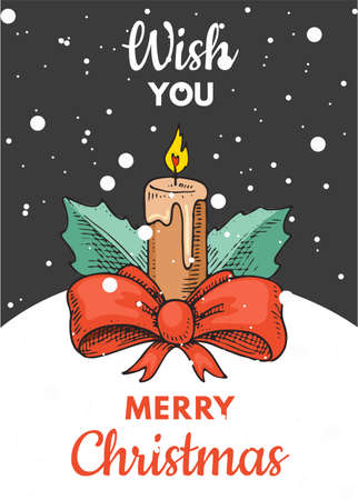 Merry Christmas banner. New Year sticky label. Poster template. Candle for vintage sticker Flyer or labels. Engraved hand drawn sketchのイラスト素材