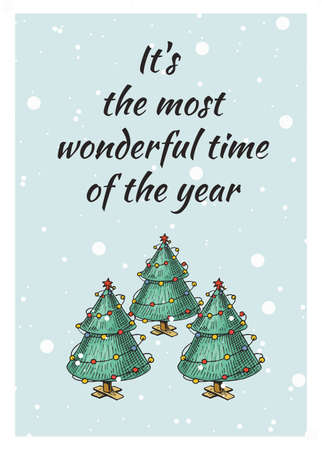 Merry Christmas banner. Green trees with garlands. New Year sticky label. Poster template. Vintage sticker Flyer or labels. Engraved hand drawn sketchのイラスト素材