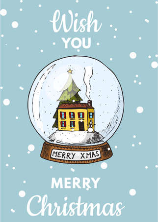 Merry Christmas banner. Magic ball and Snow house. New Year sticky label. Poster template. Vintage sticker Flyer or labels. Engraved hand drawn sketchのイラスト素材