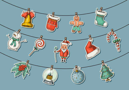 Merry Christmas banner. New Year sticky label. Poster template. Snowman and Christmas tree, candle deer and candy cane, Santa Claus for vintage sticker Flyer or labels. Engraved hand drawn sketchのイラスト素材