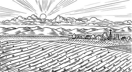 Rural meadow. A village landscape with hills and a farm. Sunny scenic country view. Hand drawn engraved sketch. Vintage rustic banner for wooden sign or badge or label.のイラスト素材
