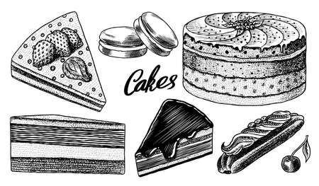Cakes and cream tarts, fruit desserts and muffins. Chocolate Donuts, Sweet Food. Hand drawn pastries. Vintage engraved sketch. Vector illustration for a banner or menu of a cafe and restaurant.のイラスト素材