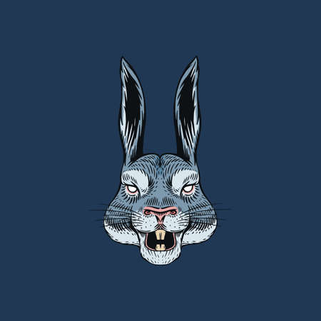 Screaming Hare or mad rabbit for tattoo or label. Roaring animal. Engraved hand drawn line art Vintage old monochrome sketch. Vector illustration.のイラスト素材