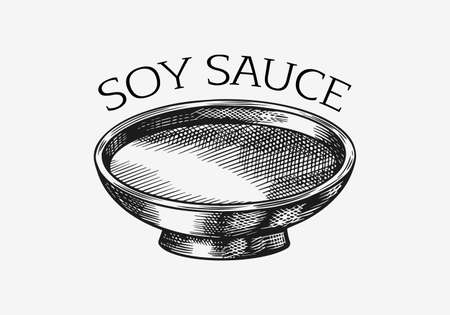Japanese soy sauce in a bowl. Hand Drawn engraved sketch for menu. Monochrome style. Vector illustrationsのイラスト素材