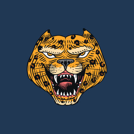 Screaming mad leopard or panther for tattoo or label. Roaring beast. Animal in retro style. Engraved hand drawn line art Vintage old monochrome sketch. Vector illustration.のイラスト素材