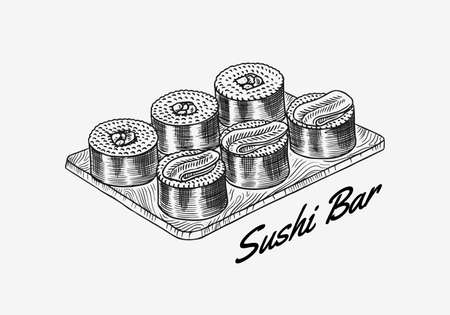 Japanese food. Sushi bar or rolls set. Vector illustration for Asian restaurant. Hand Drawn engraved sketch for menu. Monochrome style. Vector illustrationsのイラスト素材