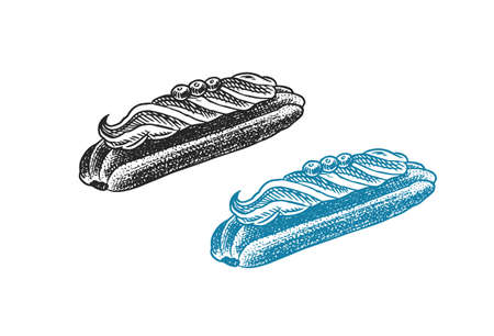 French Eclair. Sweet cake. Hand drawn bakery product. Celebratory Sweet Food. Vintage engraved...