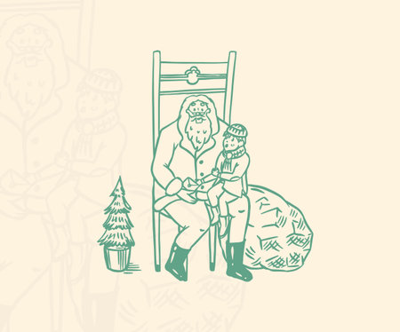 Winter landscape with mountains and snow. The family makes a snowman for Christmas. Tree and Cozy atmosphere. Hand drawn sketch. Vintage engraved sketch. Vector illustration.のイラスト素材