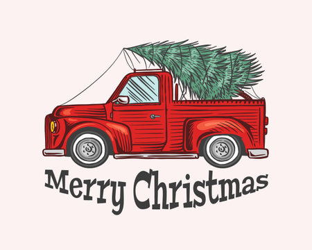 Car with a Christmas tree. Spruce in the luggage of the truck. Delivery concept.のイラスト素材