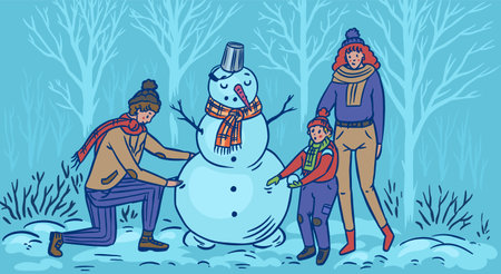 The family makes a snowman for Christmas. Mom Dad baby in the winter snowy forest. Cozy atmosphere. People in warm sweaters. Hand drawn sketch. Vintage engraved illustrationのイラスト素材