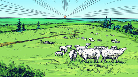 Rural meadow. A village landscape with sheep, hills and a farm. Sunny scenic country view. Hand drawn engraved sketch. Vintage rustic banner for wooden sign or badge or label.のイラスト素材