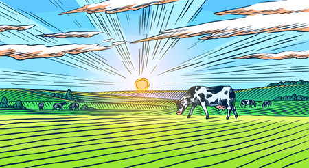 Rural meadow. A village landscape with cows, hills and a farm. Sunny scenic country view. Hand drawn engraved sketch. Vintage rustic banner for wooden sign or badge or label.のイラスト素材