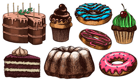 Cakes and cream tarts, fruit desserts and muffins. Chocolate Donuts, Sweet Food. Hand drawn...