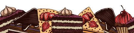 Piece of cake. Cream tarts stickers. Fruit desserts label. Chocolate Sweet Food. Hand drawn Vintage...