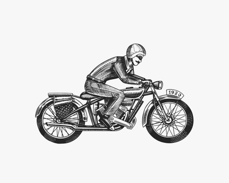 Motorcycle for biker club templates. Vintage custom emblem, label badge. Fire racer for t shirt. Monochrome retro style. Classic sport motorbike. Hand drawn engraved sketchのイラスト素材
