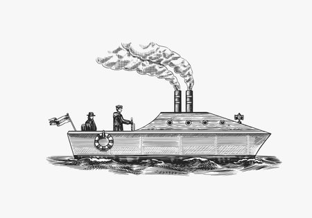 Motor ship with sailors. Seagoing vessel with steam smoke from the pipe, nautical marine sailboat. Water transport and mariner in the ocean. Wngraved hand drawn in vintage style.のイラスト素材