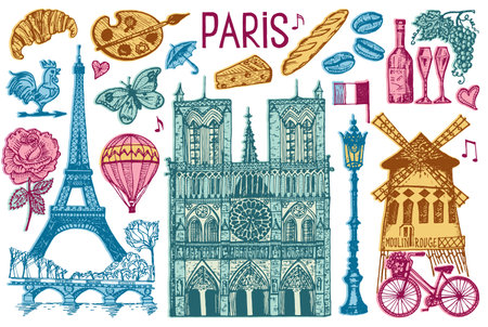 Paris set in vintage retro style. France, eiffel tower and buildings. Retro doodle elements. Vector illustration. Hand drawn engraved retro sketch. Antique old monochrome style.のイラスト素材