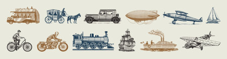 Submarine, boat and car, motorbike, Horse-drawn carriage. Airship or dirigible, air balloon, airplanes corncob, locomotive. Engraved hand drawn in old sketch style, vintage passengers transport.のイラスト素材