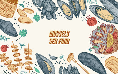 Sea mussels. Poster or banner in vintage retro style. Nautical molluscs. Ocean food background. Vector illustration. Hand drawn engraved retro sketch. Antique old monochrome style.のイラスト素材