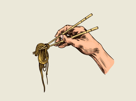 Hand holding chopsticks with noodles. Japanese Asian traditional ramen. Drawn engraved sketch for menu. Monochrome style. Vector illustrationsのイラスト素材