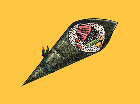 Japanese food. Sushi bar or temaki roll. Vector illustration for Asian restaurant. Hand Drawn engraved sketch for menu. Monochrome style. Vector illustrationsのイラスト素材