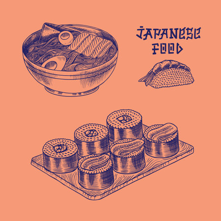 Japanese food poster. Sushi bar, ramen noodles, soup in a bowl, roll and dessert, Asian tea. Soy sauce. Hand holds chopsticks. Drawn engraved sketch for menu. Monochrome style. Vector illustrationのイラスト素材