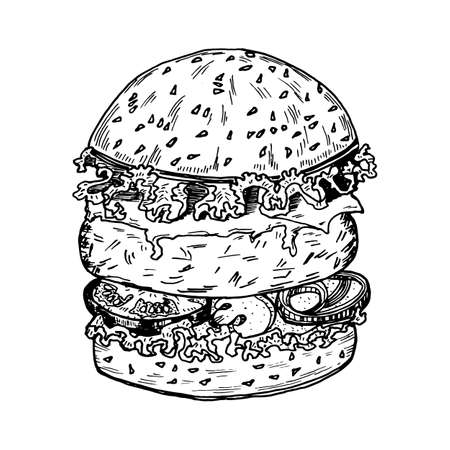 Burger in vintage style. Fast food of vegetables, cutlets and buns. Hand drawn vintage illustration.のイラスト素材