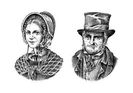 Old man and woman in a vintage suit. Poor peasant in a hat. Victorian era character, antique style. Engraved sketch.のイラスト素材