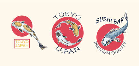 Koi carp and red sun, Japanese fish badges set.  Engraved hand drawn line art Vintage tattoo monochrome sketch for poster or label.のイラスト素材