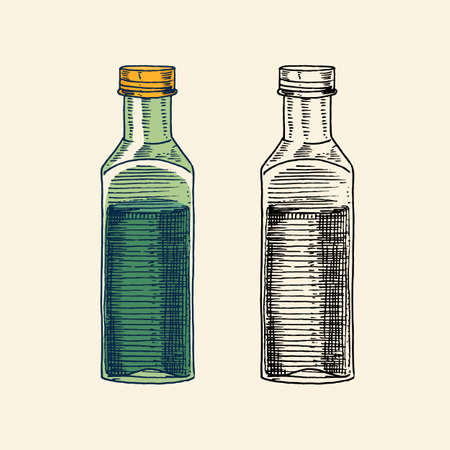 A bottle of olive oil. Organic vegetarian product. Packaging for butter. Engraved hand drawn in old vintage sketch. Vector illustration.のイラスト素材
