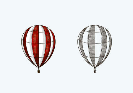 Vintage Hot Air Balloon. Vector retro flying airship with decorative elements. Template transport for Romantic. Hand drawn Engraved sketch.のイラスト素材
