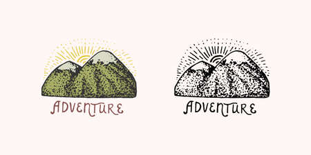 Mountain peaks emblem. Engraved vintage, hand drawn, old, label or badges for camping, hiking from south to north.のイラスト素材