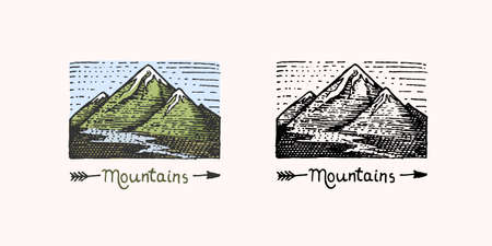 Mountain peaks emblem. Engraved vintage, hand drawn, old, label or badges for camping, hiking from south to north.のイラスト素材