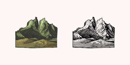 Mountain peaks emblem. Engraved vintage, hand drawn, old, label or badges for camping, hiking from south to north.のイラスト素材