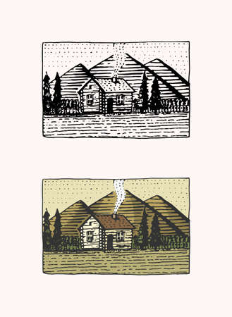 Mountain peaks emblem. Engraved vintage, hand drawn, old, label or badges for camping, hiking from south to north.のイラスト素材