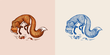 Fox plays with fish. Forest ginger beast. Vector Engraved hand drawn Vintage sketch for label or poster.のイラスト素材