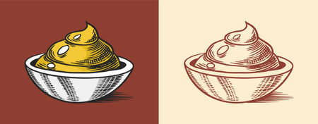 Mustard or Spicy condiment. Dip or dipping sauce. Illustration for Vintage background or poster. Engraved hand drawn sketch.のイラスト素材