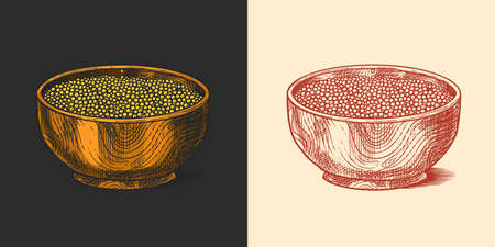 Bowl of Mustard seeds or Spicy condiment. Dip or dipping sauce. Illustration for Vintage background or poster. Engraved hand drawn sketch.のイラスト素材