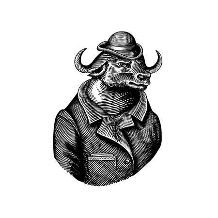 Buffalo Bull character in coat. Fashionable animal, vitorian gentleman. Hand drawn Engraved old monochrome sketch. Vector illustration for t-shirt, tattoo or badge or print.のイラスト素材