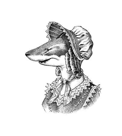 Fish shark and Mobcap. Victorian Woman in hat and suit. Fashion animal character. Hand drawn sketch. Vector engraved illustration for label, logo and T-shirts or tattoo.のイラスト素材