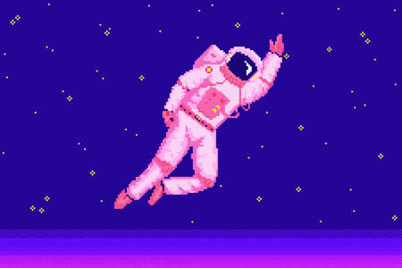 Pixel art astronaut. Spaceman 8 bit objects. Space art, digital icons. cosmonaut on the moon. Retro...